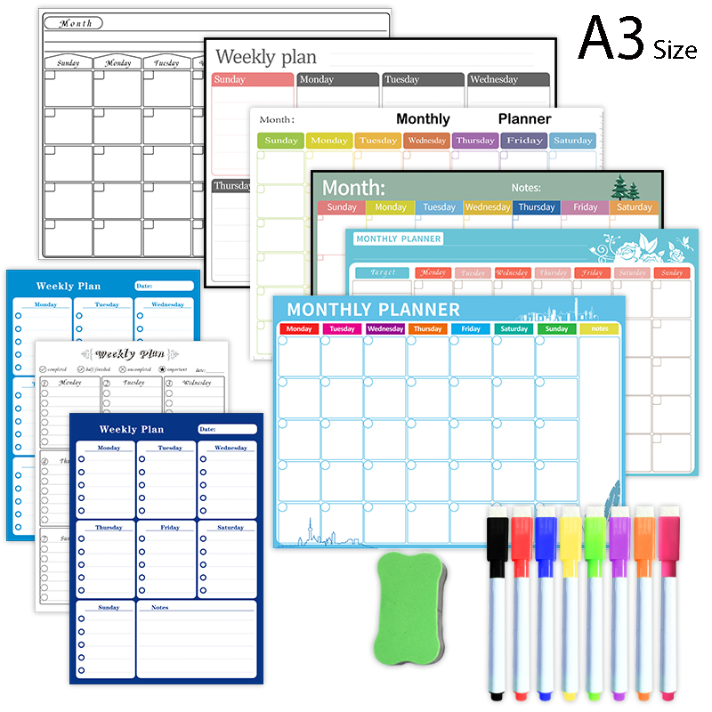 Dry Erase Weekly - แม่เหล็กรายสัปดาห์รายเดือนปฏิทินตารางแห้งไวท์บอร์ดตู้เย็นสติกเกอร์กระดานข้อความ A3 ขนาด