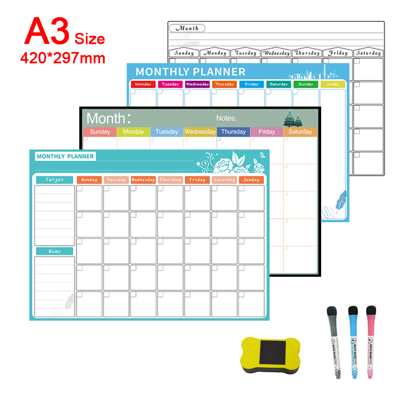 Dry Erase Weekly - A3 แห้งแม่เหล็กรายเดือนรายสัปดาห์ปฏิทินเครื่องหมายไวท์บอร์ด,ตู้เย็นแม่เหล็กทุกวันข้อความ Memo ตู้เย็นสติกเกอร์