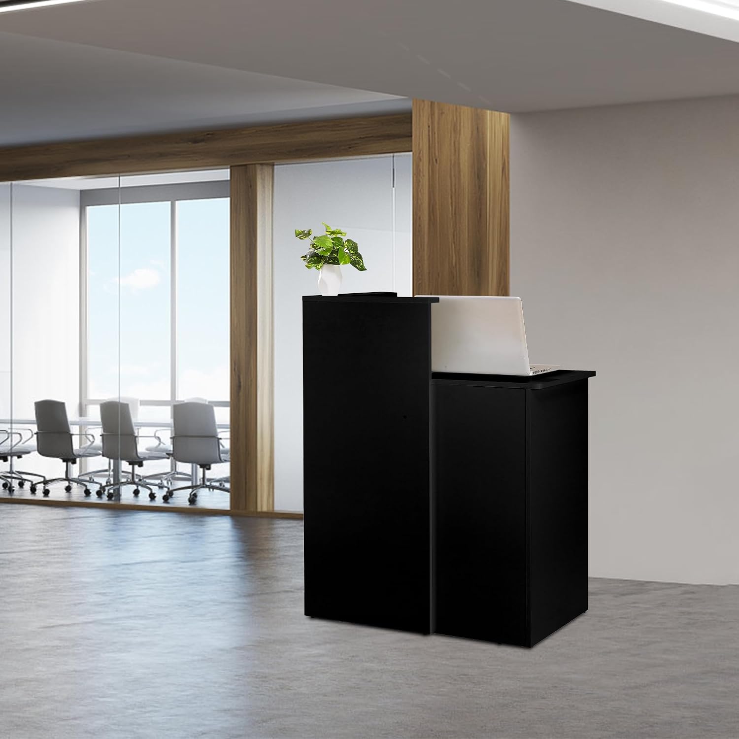 Reception Desk Counter - โต๊ะรับรองแขกขนาดเล็กพร้อมเคาน์เตอร์, โต๊ะหน้าเคาน์เตอร์พร้อมลิ้นชักล็อคได้สองช่อง, ช่องสำหรับจัดการสายไฟ, โต๊ะเคาน์เตอร์สำหรับล็อบบี้ร้านเสริมสวย