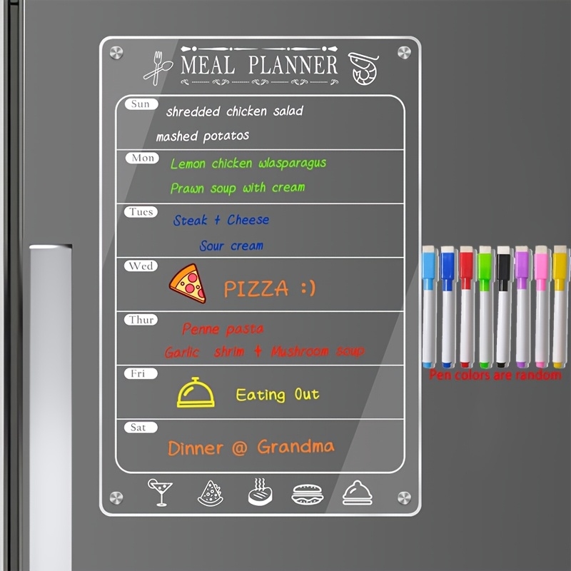 Dry Erase Weekly - กระดานเมนูอะคริลิคสำหรับห้องครัว, กระดานวางแผนเมนูรายสัปดาห์แบบแม่เหล็กสำหรับติดตู้เย็น, กระดานเมนูอาหารแบบลบได้