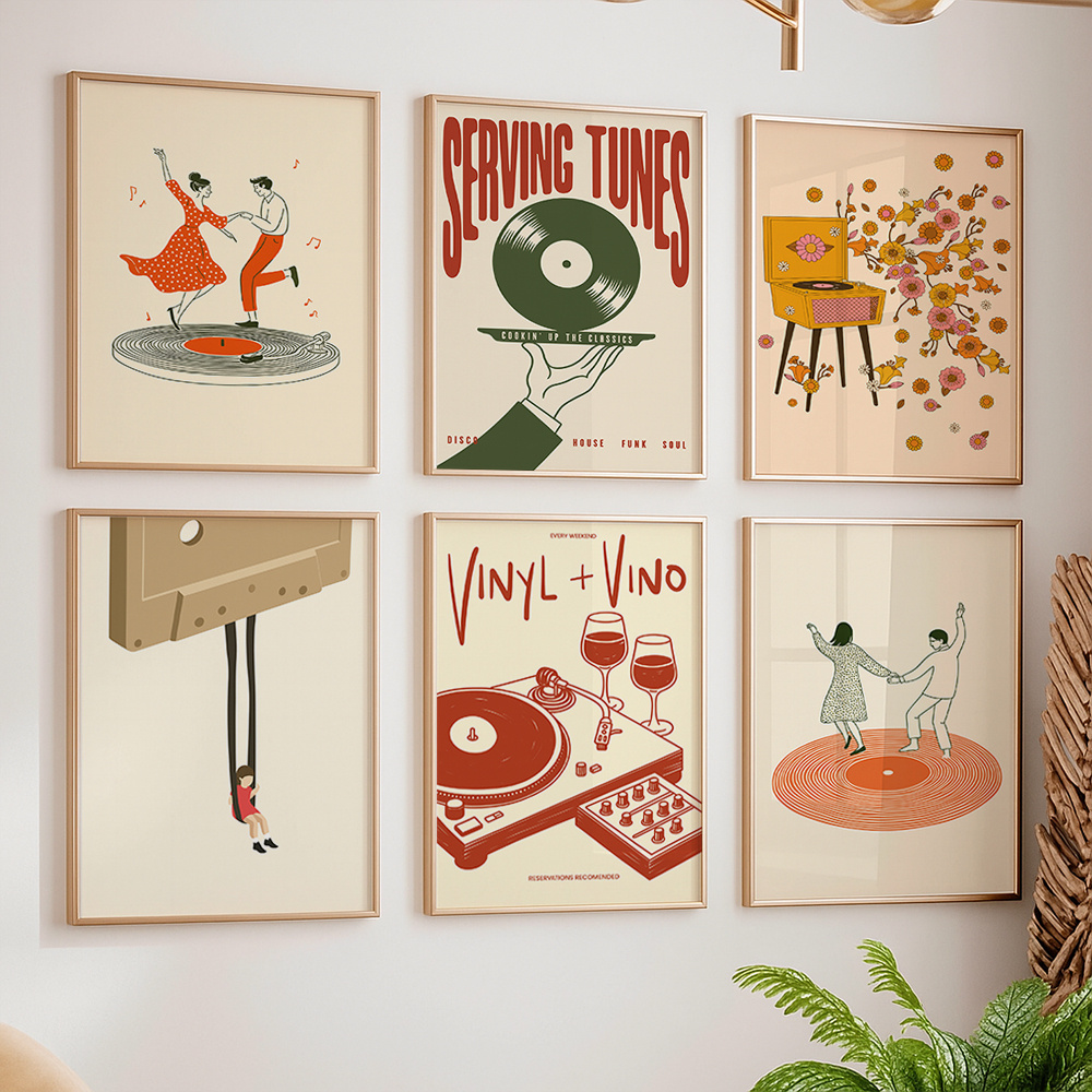 Office Furniture For Home - โปสเตอร์ผ้าใบลายดนตรีวินเทจ 1 ชิ้น ไม่มีกรอบ ลายเครื่องเล่นแผ่นเสียง คาสเซ็ต