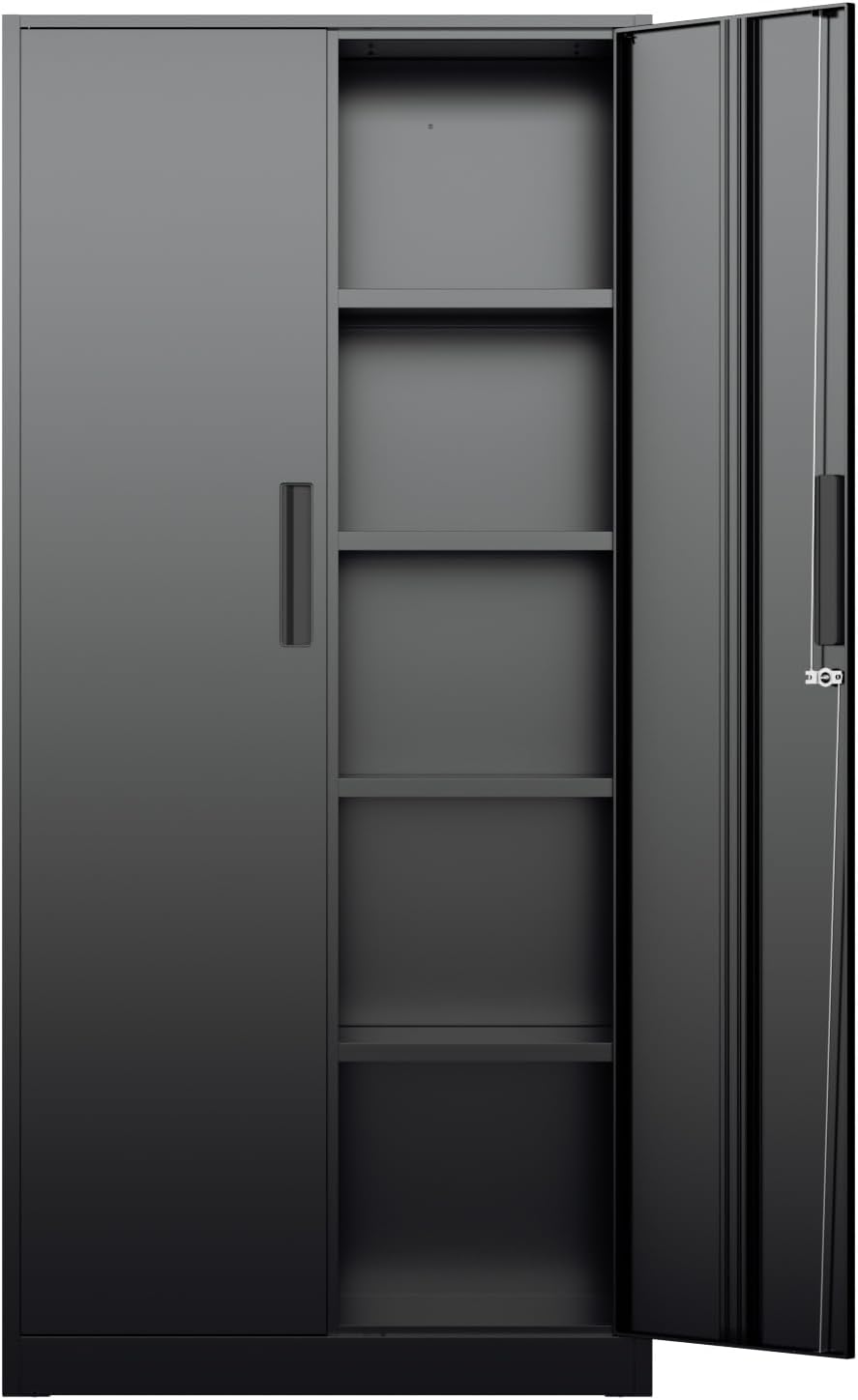 Office Furniture For Home - ตู้เก็บของโลหะสูง, ตู้เก็บของอเนกประสงค์แบบมีล็อคพร้อมชั้นวางปรับระดับได้สี่ชั้น, ตู้เก็บของแบบตั้งพื้นสำหรับคลังสินค้า บ้าน และสำนักงาน, เฟอร์นิเจอร์สีดำทันสมัย
