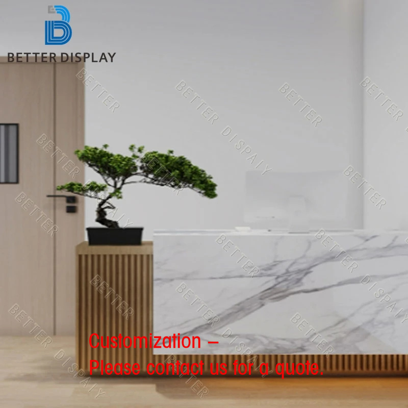 Reception Desk Counter - เคาน์เตอร์คิดเงินไม้สำหรับร้านเสื้อผ้าบูติกหรูหราแบบกำหนดเอง ทำจากวัสดุ MDF ที่ทนทาน